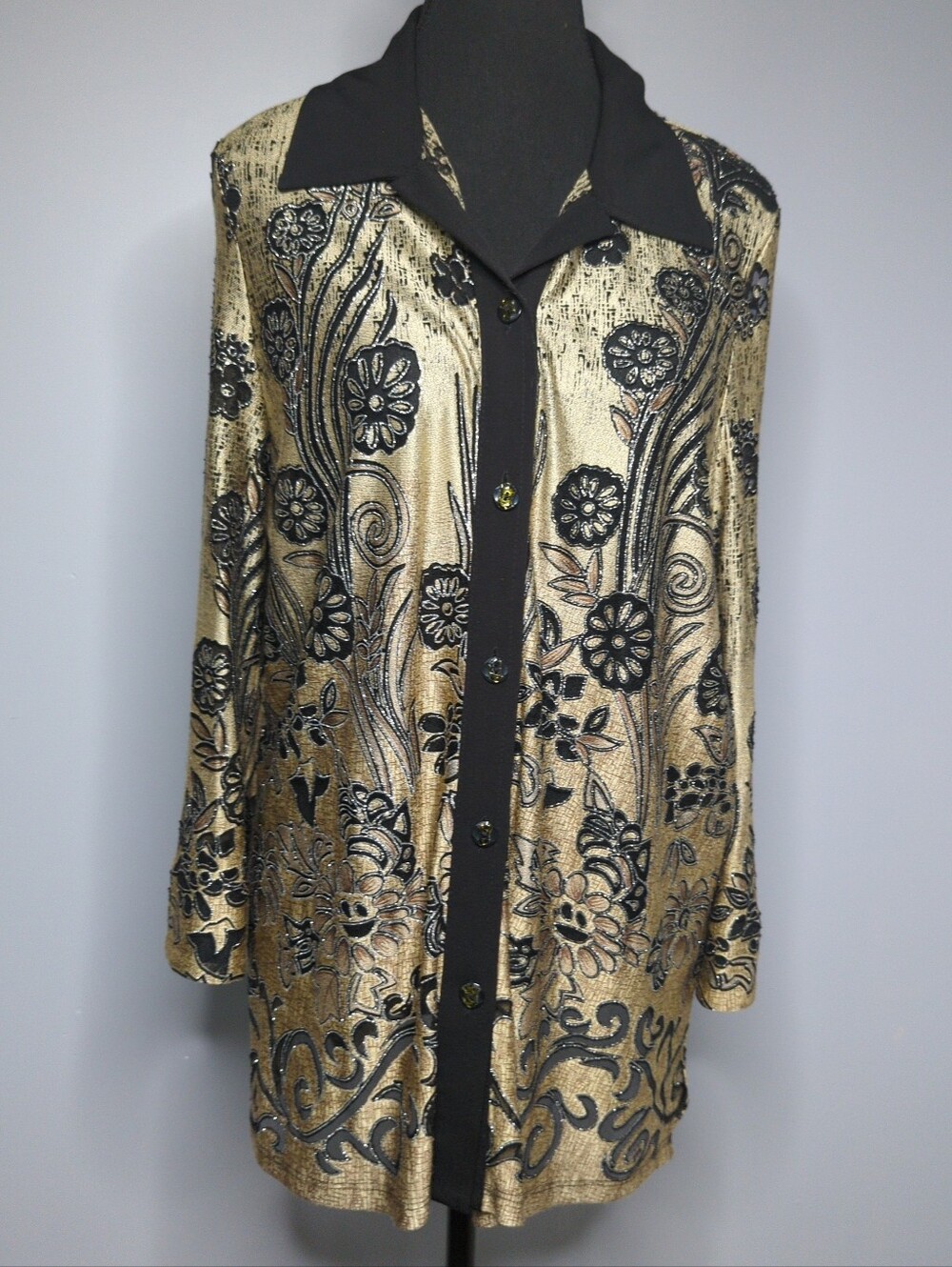 Vintage Tanjay Gold Metallic Black Jacquard Floral Tunic Jacket Shirt Size L